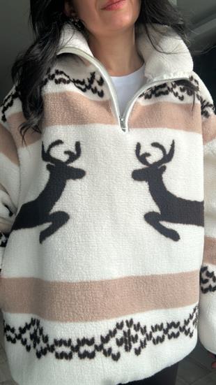 Ekru Kahve Geyik Desenli Fermuarlı Sweatshirt