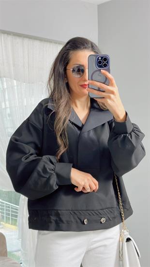 Siyah Gömlek Yaka Büzgü Detaylı Sweatshirt