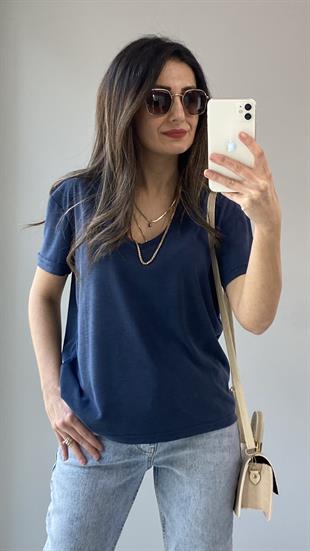 Lacivert Melanjlı Modal Kumaş V Yaka T-shirt