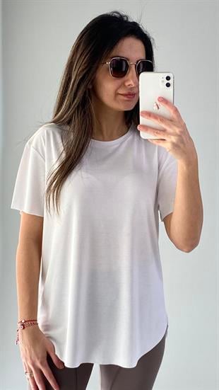 Beyaz Bisiklet Yaka Lazer Kesim Modal Kumaş T-shirt