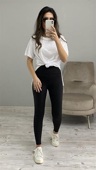 Beyaz Bisiklet Yaka Yanları Yırtmaçlı Uzun Basic T-shirt