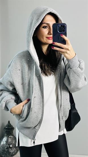 Gri Melanj Taş Detaylı Fermuarlı Kapşonlu Sweatshirt
