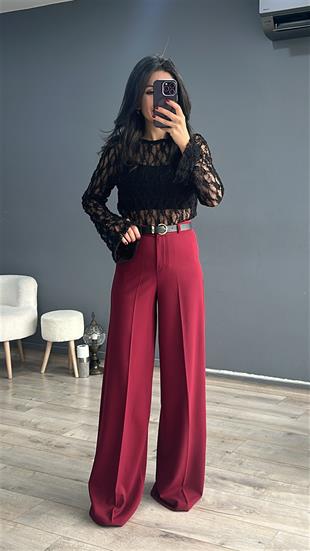 Bordo Arka Cep Detaylı Kemerli Palazzo Pantolon
