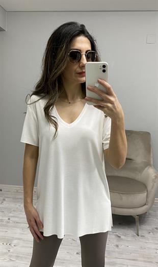 Ekru V Yaka Lazer Kesim Yanları Yırtmaçlı Modal Kumaş T-shirt
