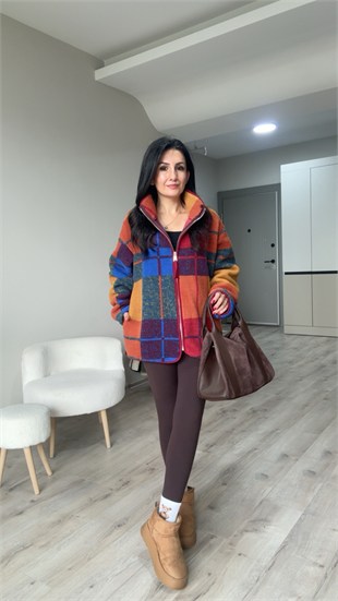 Karışık Renkli Ekose Desenli Fermuarlı Polar Ceket
