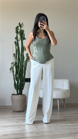 Haki Saten Balenli Arka Fermuarlı Korse