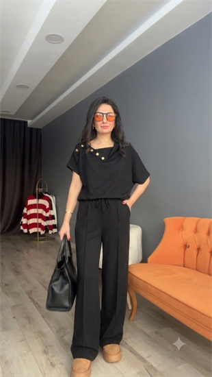 Siyah Omuz Düğmeli Modal Takım