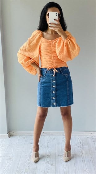 Orange Vual Büzgülü Balon Kol Bluz
