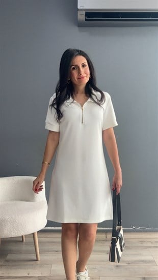 Ekru Polo Yaka Fermuarlı Modal Elbise