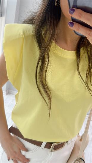 Sarı Vatkalı Bisiklet Yaka Basic T-Shirt