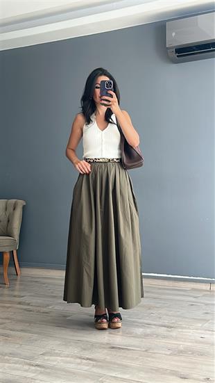 Haki Bel Kısmı Pileli Beli Lastikli Maxi Boy Etek