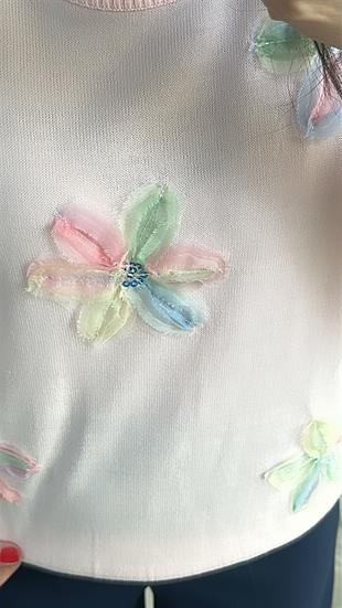 Pudra Önü Tül Çiçek Detaylı Triko Bluz