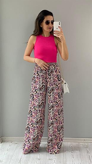 Pembe Desenli Bol Paça Saten Pantolon
