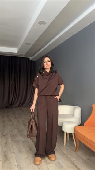 Kahve Omuz Düğmeli Modal Takım