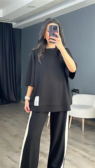 Siyah Modal Kumaş Zr Amblemli Bisiklet Yaka Salaş T-Shirt