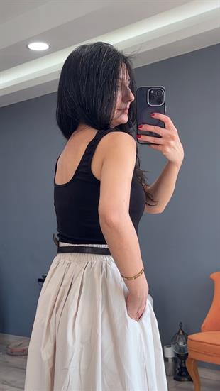Bej Bel Kısmı Pileli Beli Lastikli Maxi Boy Etek