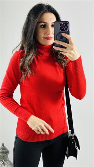 Kırmızı Balıkçı Yaka Fitilli Triko