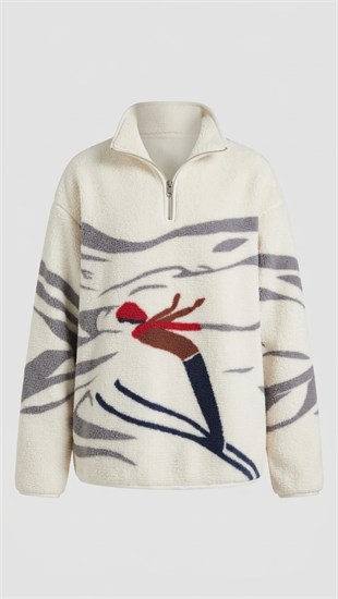 Ekru Kayakçı Kız Desenli Fermuarlı Sweatshirt