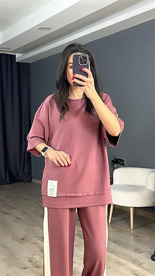Gül Kurusu Modal Kumaş Zr Amblemli Bisiklet Yaka Salaş T-Shirt