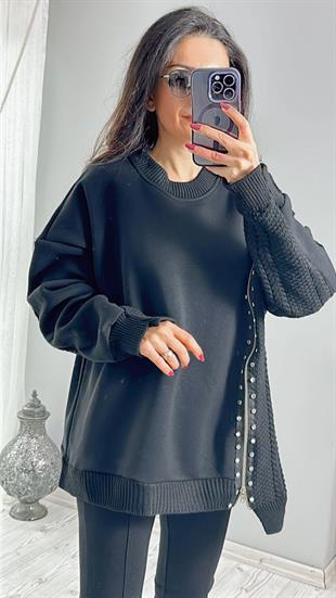 Siyah Fermuarlı Taş Detaylı Model Tasarım Sweatshirt