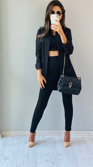 Siyah Sırtı Çapraz Cep detaylı Boyfriend Gömlek
