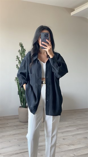 Siyah Düşük Omuz Oversize Gömlek