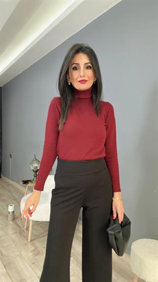 Bordo Balıkçı Yaka Fitilli Triko