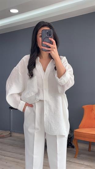 Beyaz Düşük Omuz Oversize Gömlek