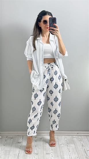 Beyaz Desenli Muslin Pantolon
