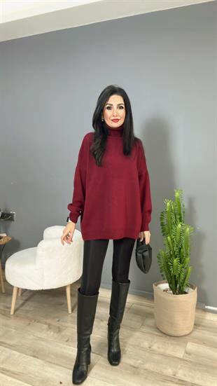Bordo Balıkçı Yaka Triko Kazak