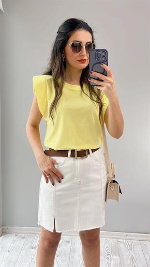 Sarı Vatkalı Bisiklet Yaka Basic T-Shirt