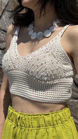Krem İnci Detaylı Askılı Örme Crop