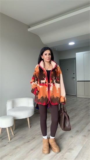 Turuncu Kahve Geyik Desenli Fermuarlı Polar Ceket