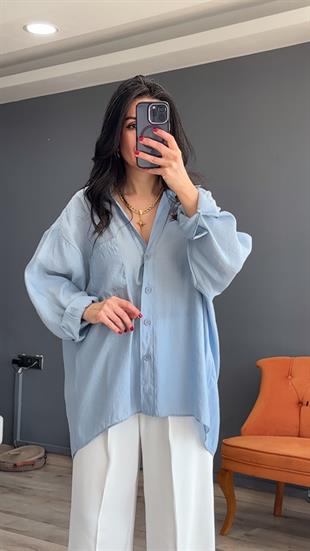 Açık Mavi Düşük Omuz Oversize Gömlek