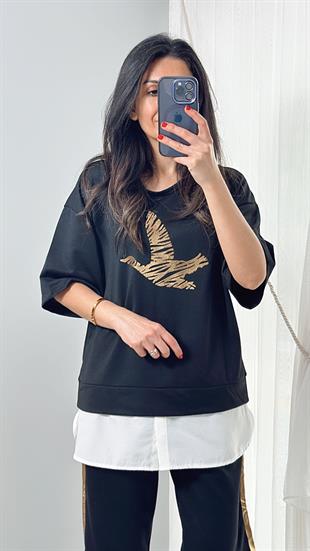 Siyah Kuş Baskılı Gold Detaylı İki İplik Alt Üst Takım 