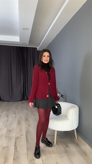 Bordo Gold Düğmeli Cepli Triko Hırka