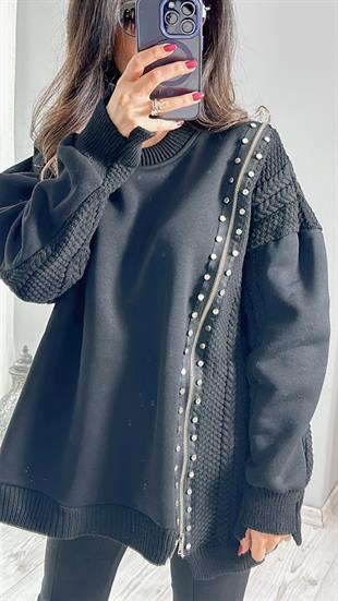 Siyah Fermuarlı Taş Detaylı Model Tasarım Sweatshirt
