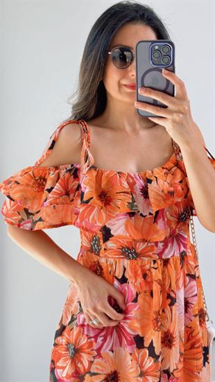 Turuncu Çiçek Desenli İnce Askılı Maxi Boy Elbise