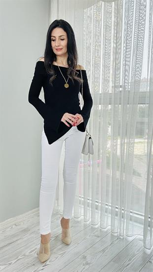 Siyah Eteği Çapraz Madonna Yaka Bluz
