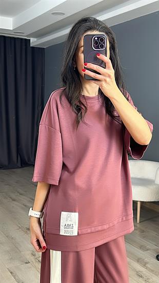 Gül Kurusu Modal Kumaş Zr Amblemli Bisiklet Yaka Salaş T-Shirt
