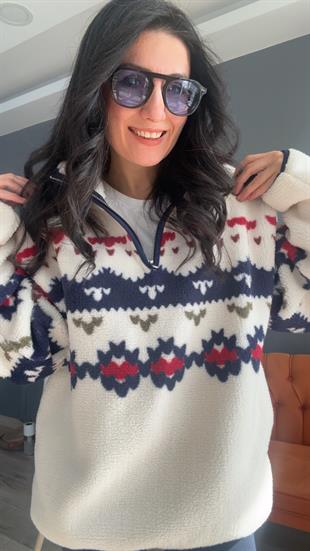 Ekru Lacivert Geometrik Desenli Fermuarlı Sweatshirt