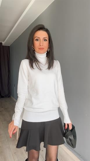 Ekru Kolları Droplu Balıkçı Yaka Kazak