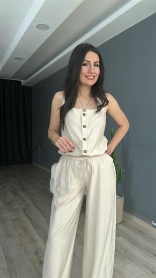 Bej Kare Yaka Yelek Pantolon Takım