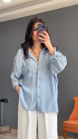 Açık Mavi Düşük Omuz Oversize Gömlek