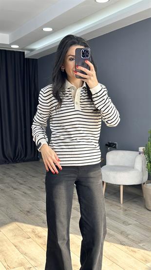 Krem Siyah Çizgili Polo Yaka Triko