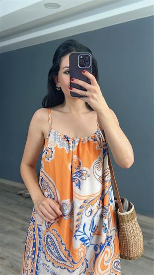 Orange Desenli Askılı Elbise