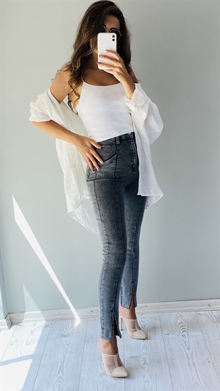 Koyu Gri Skinny Yırtmaçlı Jean