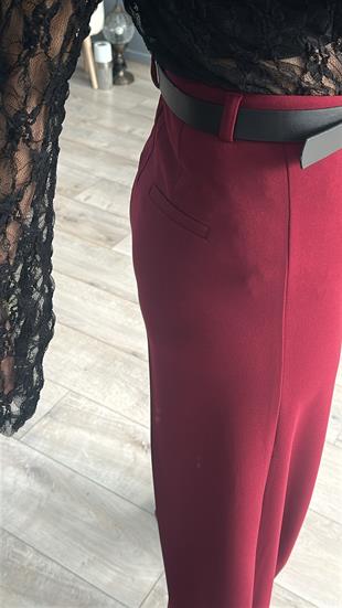 Bordo Arka Cep Detaylı Kemerli Palazzo Pantolon