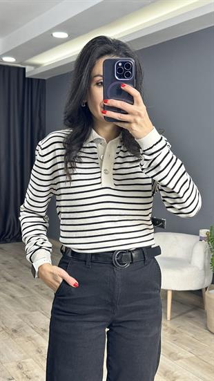 Krem Siyah Çizgili Polo Yaka Triko