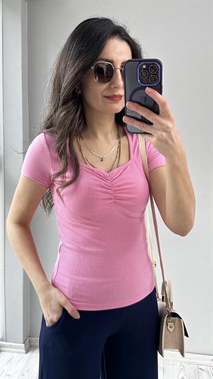 Pembe Ön Büzgülü Kısa kol Bluz